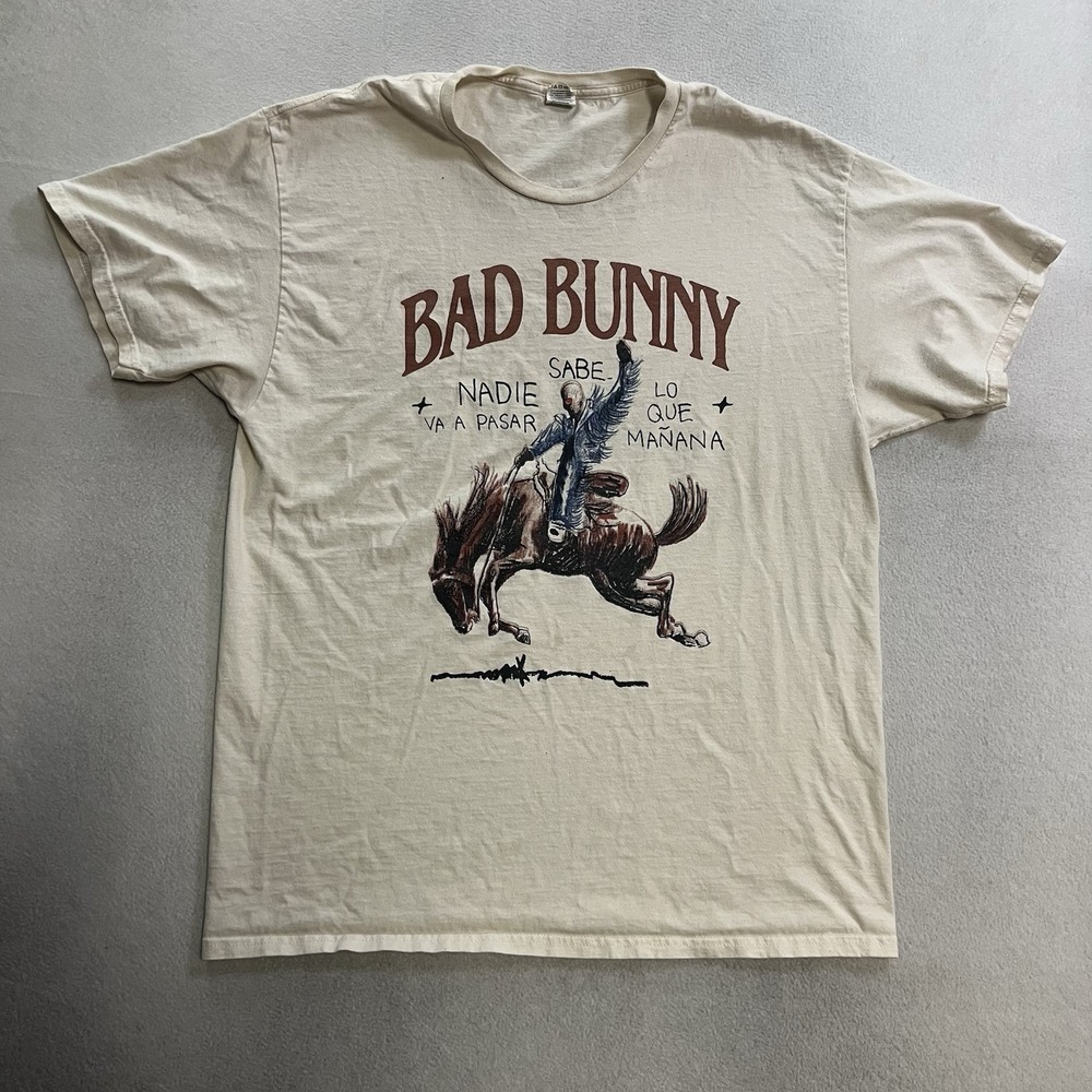Bad Bunny Most Wanted Tour T-Shirt Men's Size Large Beige 2024 Tour Tee